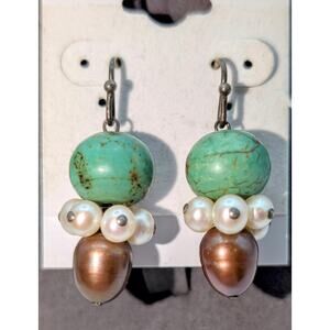 VTG 925 Green Turquoise Freshwater White and Chocolate Pearl Dangle Earrings